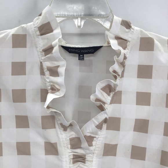 Ming Wang Women’s Ruffled Cotton Gingham Blouse Spring Casual Tan/Blue Size Med - Picture 6 of 11